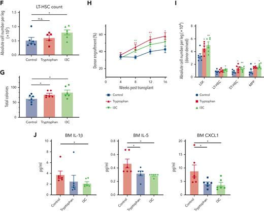 FMT-YA mice harbored a distinct metabolite landscape compared with FMT-AA mice. (A) PCA analysis to compare gut metabolome between FMT-AA and FMT-YA mice. (B) Volcano plot for differentially metabolites between FMT-AA and FMT-YA mice. (C) Heatmap showing the differentially produced metabolites between FMT-AA and FMT-YA mice. (D) Metabolite set enrichment of upregulated metabolites in FMT-YA mice compared with FMT-AA mice. (E) The flowchart of metabolite intervention. Aged mice were treated with different metabolites for 4 weeks and then the number and function of HSCs were evaluated. (F) Absolute numbers of LT-HSCs in BM in the control, tryptophan, and I3C groups. (G) Number of total colonies measured for LT-HSCs in methylcellulose. (H) Donor-derived CD45.2+ reconstitution in CD45.1+ mice at 16 weeks after HSC transplantation. (I) Absolute cell numbers of donor-derived HSPCs in BM from recipient mice in HSC transplantation assay. (J) Bar graphs showing the BM serum concentrations of IL-1β, IL-5, and CXCL1. Graphs show mean ± SEM, with statistical significance determined by Student t test (n = 6 per group). ∗P < .05, ∗∗P < .01. FC, fold change.