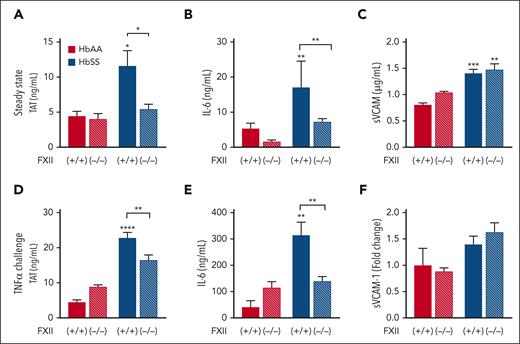 Nonhematopoietic FXII contributes to increased thrombin generation and inflammation in HbSS mice at steady state and after TNFα challenge. FXII−/− and FXII+/+ mice were irradiated and received transplantation with HbAA or HbSS BM. Four months later, plasma was collected for analysis of (A) TAT complexes, (B) IL-6, and (C) sVCAM-1. In a separate study, all mice were treated with TNFα (2 μg/kg, intraperitoneally). Five hours later, plasma was collected for analysis of (D) TAT complexes, (E) IL-6, and (F) sVCAM-1. Data are represented as mean ± SEM, n = 10 to 26 per group. ∗P < .05, ∗∗P < .01, and ∗∗∗∗P < .0001 by two-way analysis of variance (ANOVA) and Tukey post-hoc test. Asterisks above bars indicate significance within the same FXII genotype. Asterisks above lines indicate difference between Hb genotype within FXII genotype.