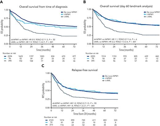 Survival curves. (A) OS from the time of diagnosis, by group. (B) OS, day 60 landmark analysis, by group. (C) RFS from the time of achieving CR.