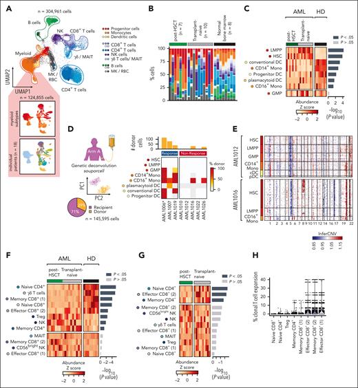 Single cell bone marrow map of AML. (A) Uniform manifold approximation and projection (UMAP) embedding of single cell transcriptomic profiles of 64 AML bone marrow samples of 18 AML patients (2-5 samples per patient) (refer to supplemental Figure 2-3 for details). The annotated cell types are indicated by the color code. The inset UMAP embeddings show the subclustered myeloid cell compartment at screening colored by annotated cell types (top) and individual patients (bottom). (B-C) Distribution of cell types in screening samples of AML and healthy bone marrow. Differential abundance of myeloid cell types between AML and healthy donors (HD) (C). Statistical testing using Wilcoxon rank-sum test. (D) Genetic deconvolution of 145,595 donor (29% total) and recipient-derived (71%) single cells determines donor chimerism of individual cell types across baseline samples posttransplant (arm A). The bars above the heatmap indicate the total number of donor-derived cells across all myeloid subsets per study subject. ∗Sample at Lead-in. (E) Copy number changes across myeloid cell types identified through inferCNV in AML1012 and AML1016. (F) Comparison of distribution of T/NK cell subsets in AML (n = 18) vs healthy donor (n = 8) bone marrow. Statistical testing using Wilcoxon rank-sum test. (G) Comparison of distribution of T/NK cell subsets in AML posttransplant vs AML/MDS transplant-naïve bone marrow. (H) Clonal T-cell expansion (fraction of T cells sharing the same TCR) across CD4+ and CD8+ T cell subsets with most clonal expansion in effector and memory CD8+ T cells.
