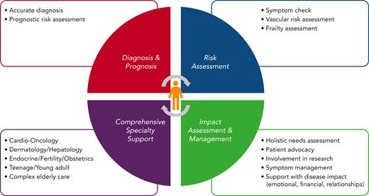 Components of comprehensive care for patients with ET. CV, cardiovascular; IFN, interferon; yrs, years.