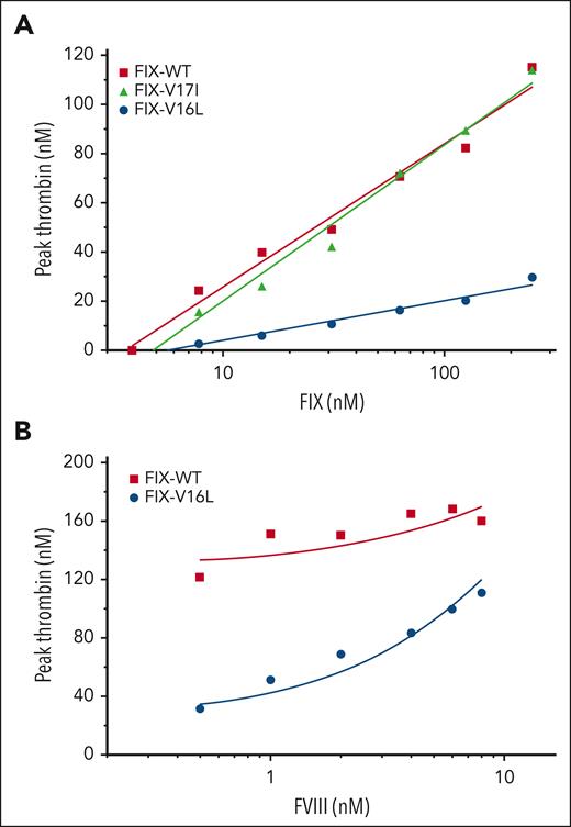Analysis of FIX-WT and FIX variants activities in human HB plasma. (A) Peak thrombin generation as a function of added FIX protein (3.9-250 nM) along with 2 pM TF/4 μM phospholipid into human HB plasma. (B) Peak thrombin generation in the presence of varying concentrations of FVIII (0-8 nM) and FIX-WT or FIX-V16L (125 nM) in the human HB plasma. Peak thrombin is shown on a semilogarithmic plot. Data are representative of 3 independent experiments.