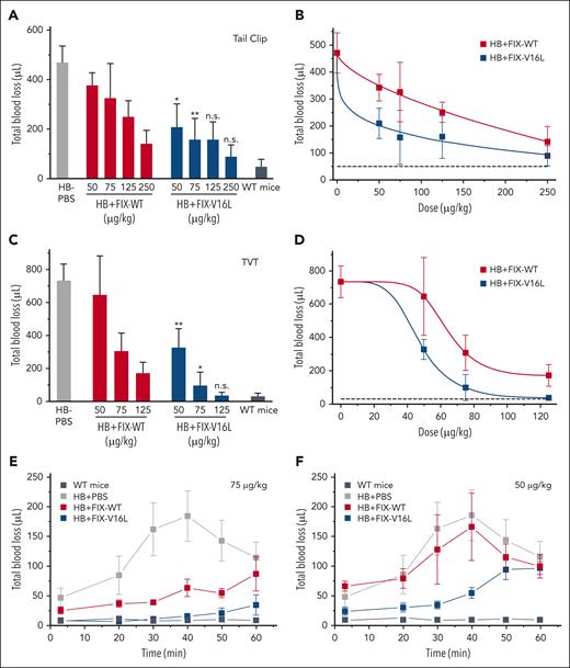 Hemostatic response after mechanical injury to the large vessels. (A-F) HB and WT mice infused with PBS served as the controls. Tail clip (A) or TVT assay (C) were performed in HB mice injected with FIX-WT or FIX-V16L at the indicated doses, and blood loss (μL) was collected for 10 minutes or 60 minutes, respectively. Dose-dependent bleeding reduction with FIX-V16L or FIX-WT was determined by fitting tail clip (B) and TVT (D) data to a logistic function (solid lines). The dotted line indicates the median value for the WT mice. Data are presented as the mean ± SD from n = 7 per group. Adjusted P values were obtained using an ANOVA test followed by a Tukey test. ∗P < .05, ∗∗P < .004, or n.s. represent FIX-V16L vs FIX-WT infused animals. Bleeding profile after TVT in HB mice injected with 75 μg/kg (E) or 50 μg/kg (F) FIX protein as a function of time. Each individual point represents the average blood loss (μL) between clot disruptions from 7 mice.