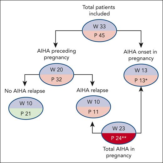 Patient disposition. ∗Two patients had AIHA relapse during a second pregnancy; 1 patient had a second pregnancy without AIHA relapse; ∗∗2 patients had a relapse in a second pregnancy. P, number of pregnancies; W, number of women.