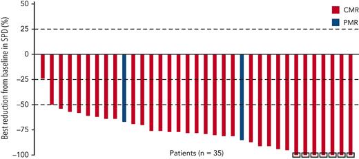 Best reduction in tumor volume per BICR in patients who proceeded to consolidation on protocol. On the basis of sum of products of diameters (SPD) for target lesions. Includes patients with baseline and ≥1 on-study value (before consolidation or subsequent therapy). Negative values indicate reduction from baseline in SPD. Square symbol represents percentage change truncated to 100%. PMR, partial metabolic response.