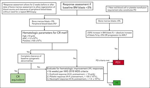 Response assessment flowchart for patients with <5% BM blasts at baseline (ie, prior to the current line of therapy). A response assessment flowchart for patients with HR-MDS with <5% BM blasts at baseline is depicted. High-risk disease status in these patients can result from high-risk cytogenetic abnormalities (eg, complex karyotype) and/or the degree of cytopenia. If a patient achieves hematologic recovery consistent with thresholds for CR (ie, Hb ≥ 10 g/dL, platelets ≥100 × 109/L, and ANC ≥1.0 × 109/L) as well as complete clearance of all baseline cytogenetic abnormalities, this should be reported as a CR equivalent. Patients who do not achieve complete cytogenetic remission (or who are not evaluable for cytogenetic clearance because of a normal karyotype at baseline) should be evaluated for HI and PD and reported as such. For patients with <5% BM blasts at baseline the definition of PD might be applied to patients with a ≥50% relative increase in BM blast count who do not have an absolute increase of ≥5% blasts in the right clinical context (eg, worsening disease-related cytopenias). Criteria for CR, HI, SD, and PD are provided in Table 1.