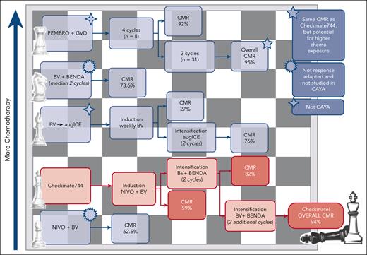 Selected salvage therapies combining BV or checkpoint inhibitors with chemotherapy are depicted. Regimens are listed with increasing use of chemotherapy from bottom to top. augICE, augmented ifosfamide, carboplatin, etoposide; GVD, gemcitabine, vinorelbine, pegylated liposomal doxorubicin; PEMBRO, pembrolizumab.