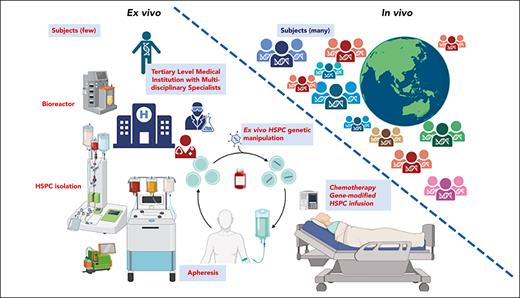 Ex vivo HSC gene therapy requires collection and purification of the patient’s HSCs and in vitro manipulation of the stem cells to induce proliferation, followed by gene therapy and finally transplantation. Typically, cytoreductive conditioning of the patient is required to make room for engrafting stem cells—manipulations that increase the costs of treatment and require facilities capable of performing stem cell transplants. In contrast, in vivo gene editing potentially could be performed by simple infusion of a suitable vector to deliver a prime editor to HSCs within the bone marrow, bypassing the need for stem cell transplantation and allowing for greater dissemination of gene therapy treatments globally. Figure created with BioRender.com.