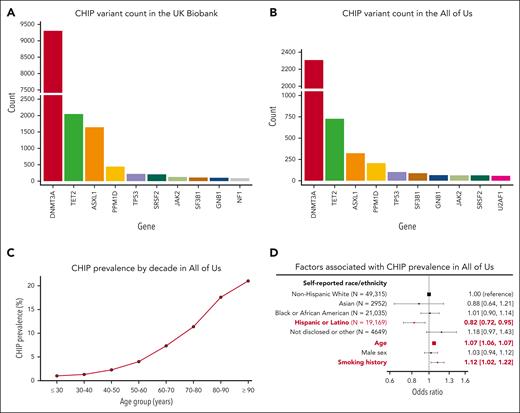 Profile of CHIP variants in the UKB and All of Us. The distribution of genes affected by CHIP in (A) the UKB and (B) All of Us are broadly similar. (C) CHIP prevalence increases with age in All of Us. (D) CHIP is associated with decreased prevalence in individuals of self-reported Hispanic or Latino ethnicity and is positively associated with age and smoking history.