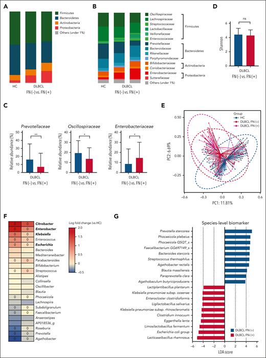 Microbiome dysbiosis and febrile neutropenia. (A-B) Comparisons of the relative abundance at the phylum and family levels between patients who did and did not experience febrile neutropenia and healthy controls. (C) Comparisons of the relative abundance at the family level between patients who did and did not experience febrile neutropenia. (D-E) Alpha and beta diversity analysis of the characteristics of patients with and without febrile neutropenia and healthy controls. (F) Heat map shows genera with significant differences between healthy controls and patients with DLBCL. The range of colors indicates log-fold changes in genera abundance from that observed in the healthy controls, with a color range from red, which indicates greater abundance in patients with DLBCL, to blue, which indicates less abundance in patients with DLBCL. Boxes marked with a circle show a significant difference between patients who did and did not experience febrile neutropenia. (G) At the species level, the LEfSe analysis shows the abundance of Escherichia coli and Klebsiella pneumoniae in patients with febrile neutropenia. Asterisks indicate significant differences identified using the 2-tailed Mann-Whitney U test; ∗P < .05; ∗∗P < .01; ∗∗∗P < .001. FN, febrile neutropenia; HC, healthy controls; ns, not significant.