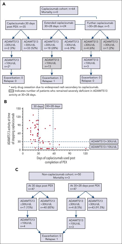 Caplacizumab compared to noncaplacizumab patients in acute TTP. (A) Duration of caplacizumab use after completion of PEX, ADAMTS13 activity at point of stopping caplacizumab and clinical outcomes. Failure to achieve an ADAMTS13 activity >30 IU/dL was 6 times more likely in patients treated with caplacizumab (odds ratio, 6.3; 95% confidence interval, 2.15-17.94; P = .0006). This was calculated based on the 18 patients with an ADAMTS13 activity ≤30 IU/dL in those who received extended caplacizumab, and additionally 5 patients who continued to receive capalcizumab after 30 + 28 days owing to ongoing ADAMTS13 activity <30 IU/dL. This was compared with the 33 patients who received ≤30 days of caplacizumab and had an ADAMTS13 activity >30 IU/dL at time of stopping caplacizumab, in addition to the 6 patients with an ADAMTS13 activity >30 IU/dL in those who received extended caplacizumab. The 2 patients with early caplacizumab cessation were not included in this analysis. (B) ADAMTS13 activity at time of stopping caplacizumab and duration of caplacizumab used after completion of PEX. (C) ADAMTS13 activity at 30 days and 30 + 28 days in noncaplacizumab cohort and clinical outcomes.