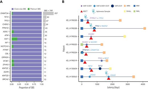 Relationship between chemotherapy and CH mutations. (A) Per gene contribution of platinum-associated mutational signatures to 749 post-platinum mutations in 655 patients with cancer (Bolton et al).11 A small fraction (6 mutations from 5 patients) is included from clonal driver mutations in post-platinum tMN whole genomes. (B) Swimmer plot depicting the timing of CH assessment in relation to malignant diagnoses and transplant dates for tested samples in the WGS cohort. Latency reflects the time from the diagnosis of the primary tumor to the diagnosis of therapy-related malignancy. All samples were collected before melphalan administration with the exception of IID_H198319.