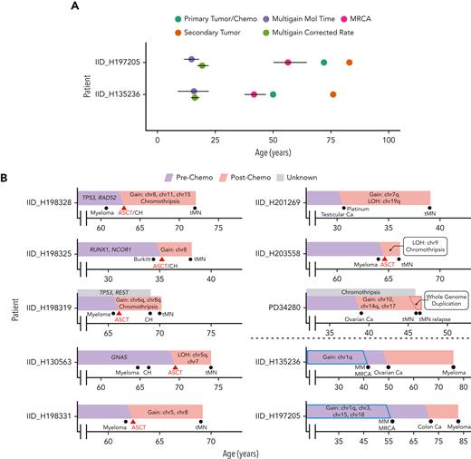 Evolutionary history of malignancies exposed to chemotherapy. (A) Absolute timing estimates of large chromosomal gain acquisition in 2 platinum-exposed MM with 95% confidence intervals. Multigain events for MM were timed with 2 orthogonal techniques (supplemental methods): one using SBS5-based molecular time (ie, multigain mol time) and the other using the individual SBS5 mutational rate per year estimated by a linear mixed effect model (ie, multigain corrected rate). Platinum was administered directly after the diagnosis of the primary tumor. (B) Reconstruction of tumor evolution in selected WGS cases using antecedent CH, molecular time, and duplicated chemotherapy mutation data for tMN and MM (under dotted line).