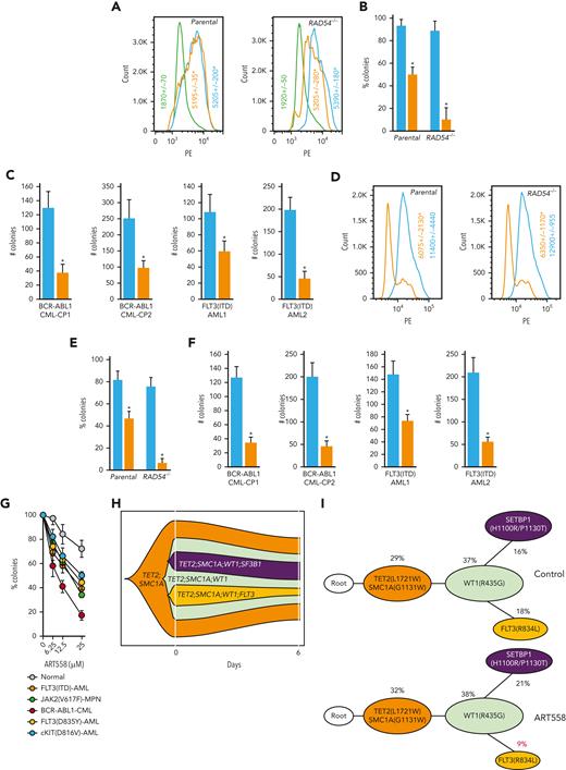 Genetic and biochemical targeting of POLθ exerted antileukemia effect in HR-deficient and HR-proficient leukemias. (A) Representative anti-Flag flow cytometry profiles in Nalm6 (parental) and Nalm6(RAD54−/−) B-ALL cells infected with Flag-POLθ (D2230A+Y2231A) DNA polymerase–inactive mutant (orange), Flag- POLθ wild-type (blue), or GFP only (green). Geo mean ± SD of anti-Flag immunofluorescence is shown; ∗P < .001 when compared with wild-type using t test. (B) Results represent the percentage of colonies ± SD of GFP+ cells expressing POLθ (D2230A+Y2231A) mutant (orange) or POLθ wild-type (blue), when compared with cells expressing GFP only; ∗P < .01 using t test. (C) Results represent number of colonies ± SD from Lin-CD34+GFP+ BCR-ABL1–positive CML-CP and FLT3(ITD)-positive AML cells expressing POLθ (D2230A+Y2231A) mutant (orange) or POLθ wild-type (blue); ∗P < .01 using t test. (D) Representative anti-POLθ flow cytometry analyses showing expression of POLθ in GFP+ cells transduced with POLQ shRNA (orange) or scrambled RNA (blue). Results show Geo mean ± SD of anti-POLθ immunofluorescence; ∗P < .05 using t test. (E) Results represent the percentages of colonies ± SD from GFP+ cells transduced with POLQ shRNA (orange) and scrambled RNA (blue) when compared with cells expressing GFP only; ∗P < .01 using t test. (F) Results represent number of colonies ± SD from Lin-CD34+GFP+ BCR-ABL1–positive CML-CP and FLT3(ITD)-positive AML cells transduced with POLQ shRNA (orange) or scrambled RNA (blue); ∗P < .01 using t test. (G) Results represent the percentages of colonies ± SD from Lin-CD34+ cells isolated from FLT3(ITD)-positive AMLs (n = 3), FLT3(D835Y)-positive AML (n = 1), cKIT(D816V)-positive AML (n = 1), JAK2(V617F) MPN (n = 1), BCR-ABL1–positive CML-CP (n = 3), and normal healthy donors (n = 3) incubated with POLθi (ART558). (H-I) Cells from patients with Lin- AML were treated with ART558 for 6 days after SC-tDNAseq. (H) The fish plot reflects number of cells before (0 days) and 6 days after the treatment and the inferred clonal evolution pattern based on SC-tDNAseq data. (I) The phylogenic tree visualizes the predicted order of mutation acquisition and the proportion of subclones with a different combination of mutations in control and ART558-treated cells: ADO rate = 3.9%, FPR = 1.0%. ADO, allele dropout; FPR, false positive rate; SC-tDNAseq, single-cell targeted DNA sequencing; SD, standard deviation.