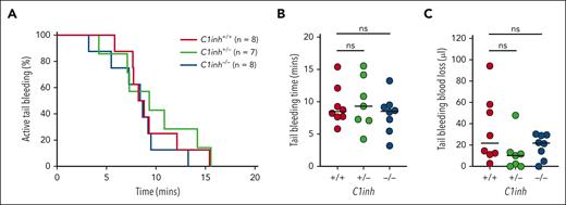 C1INH deficiency does not alter hemostasis in mice. Hemostasis was assessed in C1inh+/+, C1inh+/−, and C1inh−/− mice in the tail tip amputation model. (A) The proportion of mice with active bleeding over time, (B) tail bleeding time, and (C) tail bleeding blood loss was assessed. Data are represented as individual values with median and analyzed using Kruskal-Wallis with post hoc Dunn’s or log rank tests.