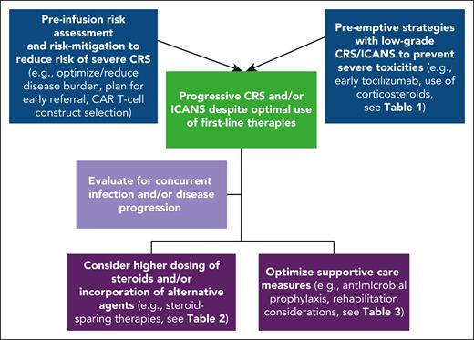 Approach to mitigate severe CRS/ICANS and progressive toxicities despite the optimal use of first-line therapies.