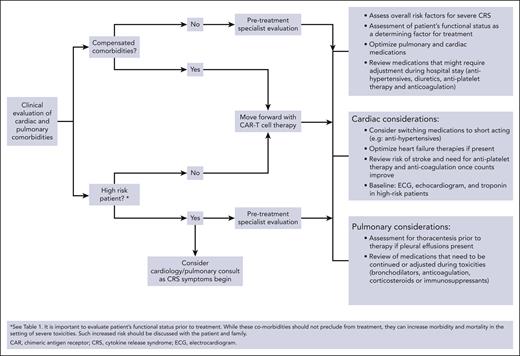 Evaluation and optimization of patients with cardiac and pulmonary comorbidities before CAR T-cell therapy.
