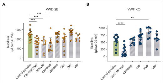 In vivo effect of various peptide-decorated particles in VWD-2B and VWF-KO murine models. Mice were injected with control particles, SP nanoparticles or particles decorated with various combinations of peptides (2 mg/kg). Bleeding was measured for 30 minutes (VWD-2B) (A) or 20 minutes (VWF-KO) (B) after amputation of 3 mm of the tail tip. Blood was collected in warm saline and quantified using a hemoglobin calibration curve. Each dot represents an individual mouse. Data are presented as mean ± SD. Statistical analysis was performed using a one-way ANOVA with Dunnett's correction. ∗∗P ≤ .01; ∗∗∗P ≤ .001; ∗∗∗∗P ≤ .0001. SP nanoparticles (3 peptides) are represented with the plain gray bar whereas particles decorated with dual peptides appear in diagonally striped bars and single-decorated particles appear in horizontally striped bars.