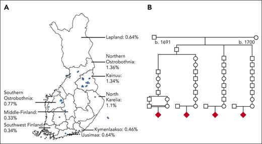 Genealogical study of the Finnish families. (A) AF distribution of the ERCC6L2 1424delT variant in Finland and the birthplaces of the grandparents of 9 Finnish families. The blue dots represent the birthplaces of the grandparents. AFs according to the gnomAD and FinnGen databases.16,24 (B) A pedigree of the 4 Finnish families with ERCC6L2 indices shows that the parents share a common ancestor in the seventeenth century. The diamond symbol indicates the index patient.