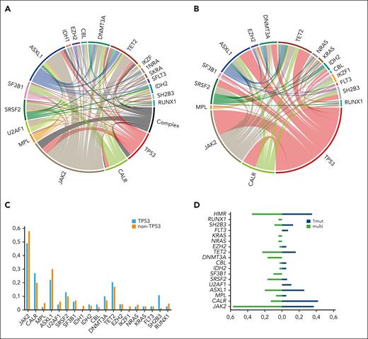Distribution of mutations in the total cohort based on TP53MT status. (A) The mutation landscape and network with complex karyotype of the total cohort (n = 349). (B) The mutation landscape in a chord diagram for all patients with TP53MT (n = 49). (C) Frequencies of cooccurring driver and other mutations in patients with TP53MT and TP53WT. (D) Frequencies of cooccurring driver and other mutations in patients with TP53MT with single- vs multihit constellations.