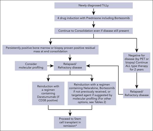 Treatment algorithms for children, adolescents, and young adults with newly diagnosed and r/r T-LLy. ∗The data for HSCT are limited, but allogeneic stem cell transplant is recommended if the patient is able to achieve a CR2.