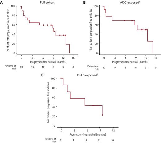 Progression-free survival. Kaplan-Meier curves showing progression-free survival in the overall cohort (A), the antibody-drug conjugate (ADC)-exposed patients (B), and the BsAb-exposed patients (C). †Classification is based on the last anti-BCMA therapy used if patients received >1 therapy.