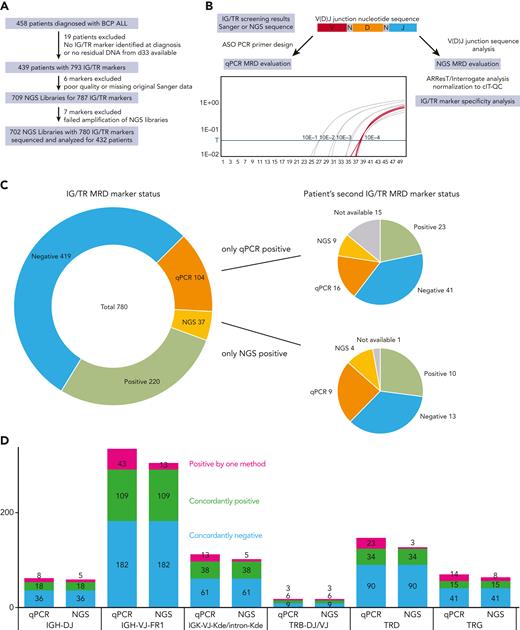 Schematic diagram of the study and classification of the MRD markers by qPCR and NGS. (A) Flow diagram of the study showing the exclusion criteria and the number of patients and samples analyzed in the study. (B) Diagram of the IG/TR MRD marker selection process and analysis from the time of diagnosis to the MRD evaluation at day 33 using both qPCR and NGS. (C) Results of IG/TR MRD marker analysis by qPCR and NGS. Markers positive only by qPCR (orange) or only by NGS (yellow) are broken down into subcategories based on the results of the second MRD marker evaluated for the same patient and marked by the same colors or gray, if the second MRD marker was not available. (D) Breakdown of all the evaluated MRD markers with their results based on the genetic locus of the IG/TR rearrangement and NGS library preparation primer mix used. Owing to a small number of samples, the IGK-VJ-Kde and intron-Kde were merged together as were TRB-DJ and TRB-VJ rearrangements. cIT-QC, central in-tube quality/quantification control; V(D)J, variable diversity joining.
