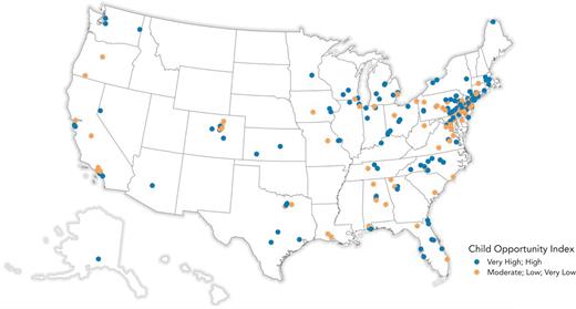 Map of patient home locations and neighborhood opportunity index.