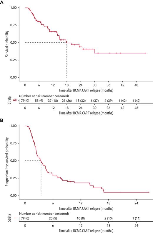 OS after BCMA-directed CAR T relapse and PFS of the first line of salvage therapy. (A) OS curve. (B) PFS curve for first-line salvage therapy.