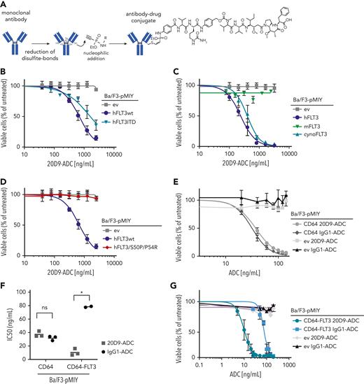 Analysis of cytotoxicity of FLT3-specific 20D9-ADC to different FLT3 variants. (A) Schematic process of P5 conjugation technology39 via disulfite bond reduction and Staudinger-induced Michael addition. Final ADC consists of monoclonal antibody (20D9 or IgG1 antibody) coupled to monomethyl auristatin F toxin. Figure was created with BioRender.com. (B-E,G) Assessment of cytotoxicity of ADCs in different Ba/F3 cell lines. Viability was determined after 72-hour treatment with different ADC concentrations by trypan blue exclusion count and compared with untreated control. Mean ± SD of n = 3 biological replicates. (B) Treatment of Ba/F3-pMIY ev, hFLT3wt, and hFLT3ITD cells with 20D9-ADC. (C) Treatment of Ba/F3-pMIY ev, hFLT3wt, mFLT3wt, and cynoFLT3wt cells with 20D9-ADC. (D) Treatment of Ba/F3-pMIY ev, hFLT3wt, and hFLT3S50P/P54R cells with 20D9-ADC. (E) Treatment of Ba/F3-pMIY ev and hCD64 with either 20D9-ADC or IgG1-ADC. (F) IC50 values of 20D9-ADC and IgG1-ADC in Ba/F3-pMIY hCD64 and hCD64-hFLT3 cells. Calculation based on data from Figure 2E and G calculated by GraphPad Prism. Each dot represents a replicate; horizontal line indicates mean. (G) Treatment of Ba/F3-pMIY ev and hCD64-hFLT3 with different concentrations of either 20D9-ADC or IgG1-ADC. ∗P < .05 (unpaired, 2-tailed t test). ns, not significant.