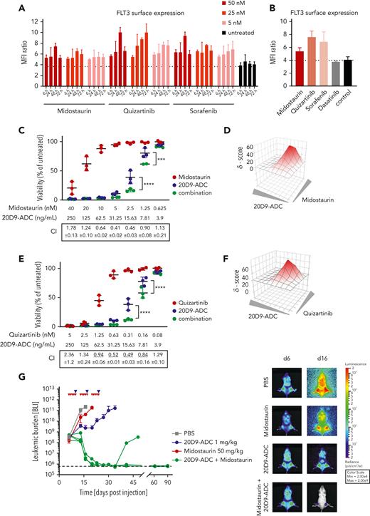 Treatment combination of 20D9-ADC and TKIs. (A-B) Upregulation of FLT3 cell surface expression in MOLM-13 cells after treatment with kinase inhibitors compared with untreated control. Cells were analyzed in flow cytometry after treatment. Dotted line represents MFI ratio of untreated cells. Mean ± SD of n = 2 is depicted. (A) Cells were treated with 5, 25, or 50 nM midostaurin, quizartinib, and sorafenib for 6, 24, 48, or 72 hours. (B) Cells were treated with 5 nM midostaurin, 1 nM quizartinib, 5 nM sorafenib, or 1 μM dasatinib for 72 hours. (C-F) Treatment combination of 20D9-ADC and midostaurin (C-D) or quizartinib (E-F) in MOLM-13 cells compared with treatment with 20D9-ADC, midostaurin, or quizartinib as single agent. Viability was determined after 96 hours by resazurin fluorescence and normalized to dimethyl sulfoxide−treated control. (C,E) Each dot represents 1 biological replicate; the horizontal line indicates the mean. Combination indices (CIs) with standard deviation were determined using CompuSyn software; CI < 1 indicates synergy and is underlined; CI = 1 additivity; CI > 1 antagonism. (D-F) The synergy score was calculated by Synergy Finder software using zero interaction potency (ZIP) modeling. Gray triangles indicate increasing drug concentrations. A positive Synergy score value δ and the red coloring indicate synergism. (G) Treatment combination of 20D9-ADC and midostaurin in vivo. NSG mice were injected IV with 1e5 luciferase-expressing MOLM-13 cells. Leukemic burden was monitored once or twice a week by BLI, and total flux was quantified (left). Mean ± SD is depicted. Dashed black line indicates imaging threshold. One week after transplantation, mice were treated for 3 weeks with 20D9-ADC (1 mg/kg IV, once per week), midostaurin (50 mg/kg by mouth, 5 days per week), a combination of both, or PBS as control (n = 4/group). Bioluminescence imaging of 1 representative mouse of each group at days 6 and 16 (right). Two-way analysis of variance: ∗∗∗P < .001; ∗∗∗∗P < .0001.