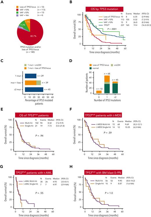 Survival of TP53mut t-MN is poor irrespective of the allelic status or bone marrow blast percentage. (A) Proportion of TP53mut t-MN patients with TP53 VAF ≤10% or >10% or loss of TP53 locus without TP53mut. Of the 15 patients with VAF ≤10%, 13 had VAF ≤10% without loss of heterozygosity (LOH). Two patients had LOH across the TP53 locus and were grouped with “loss of TP53 locus” (n = 10). (B) OS of TP53mut with VAF >10% or loss of TP53 locus was significantly poor compared with TP53wt and TP53mut with VAF ≤10% t-MN. (C) The frequency of TP53mut subgroup within the TP53mut t-MN. TP53mut subgroup were defined as cases with single mutation (1 mut), ≥2 mutations without the loss of chromosome 17p13 across TP53 locus (≥2 mut), mutation(s) plus copy neutral LOH (cnLOH) and/or loss of the TP53 locus (mut + loss). (D) Number of patients with 0, 1, or ≥2 TP53mut. Colors represent the status of chromosome 17 at the TP53 locus, to include cnLOH, loss of TP53 locus, and no detected aberration (normal). Unbalanced translocations leading to loss of TP53 locus are encoded as “loss.” OS of single- vs multi-hit TP53mut in the whole cohort (E), t-MDS (F), t-AML (G), and bone marrow blast 0% to 9% (H).