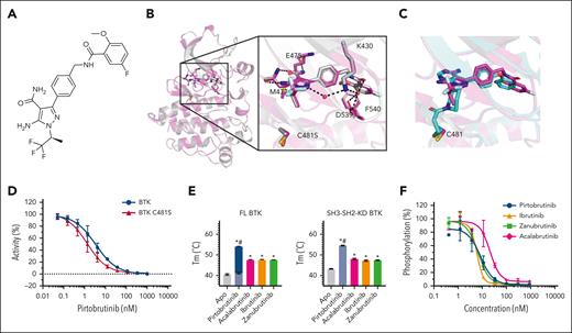 Pirtobrutinib structure, binding mode, and effects on BTK stability and activity. (A) Chemical structure of pirtobrutinib. (B) Superposition of the crystal structures of BTK and BTK C481S in complex with pirtobrutinib (magenta and light gray cartoon/stick representation, respectively; selected water molecules are shown as red spheres, and hydrogen bond interactions are illustrated as dashed lines). (C) BTK in complex with pirtobrutinib (magenta cartoon/stick representation) overlayed with BTK covalently bound to ibrutinib (cyan cartoon/stick representation; PDB ID 5P9J). (D) Dose-response curves showing inhibition of BTK and BTK C481S kinase activity by pirtobrutinib (n = 10) (mean and SD are graphed). (E) Tm graphs showing pirtobrutinib- and cBTKi-induced increases in full-length and SH3-SH2-KD BTK Tm. Light and dark blue bars represent the first and second pirtobrutinib-induced melting events, respectively; ∗P < .05 (compared with Apo Tm); #P < .05 (compared with each cBTKi’s Tm). (F) Dose-response curves showing inhibition of cellular Y223 BTK phosphorylation in HEK293 cells stably expressing BTK by pirtobrutinib, ibrutinib, zanubrutinib, and acalabrutinib (n = 3) (mean and SD are graphed). FL, full-length; SD, standard deviation.