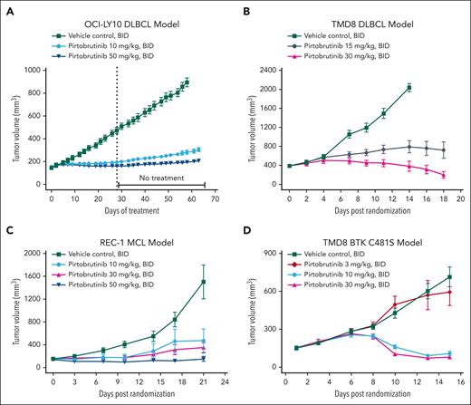 In vivo efficacy of pirtobrutinib in BTK and BTK C481S mutant lymphoma xenograft models. Tumor-bearing mice were treated with pirtobrutinib with the indicated doses, for the indicated time. Means and standard error of the mean were plotted for each treatment group vs days of treatment (A) or days after randomization (B-D). For OCI-LY10 xenografts (A), tumor volumes were measured 3 times per week, and the tumor volumes were measured for an additional 35 days after the last dose. For TMD8 xenografts (B), tumor volumes were measured 3 times per week. The experiment was stopped on day 14 after randomization for the vehicle control group, and on day 18 after randomization for the other groups. For REC-1 xenografts (C), tumor volumes were measured biweekly. For TMD8 BTK C481S xenografts (D), tumor volumes were measured 2 or 3 times per week.