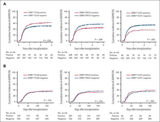 HLA-DRB1∗15:02, HLA-DRB1∗09:01, and HLA-DRB1∗12:01 are correlated with the development of cGVHD in the F-to-M cohort. (A-B) Cumulative incidence of cGVHD (A) and aGVHD (B) in the F-to-M cohort. The cumulative incidence of cGVHD at 1 year and grade 2-4 aGVHD at 100 days were 55.1% (95% CI, 47.2-62.3) vs 46.6% (95% CI, 42.5-50.5) and 34.5% (95% CI, 27.4-41.8) vs 34.7% (95% CI, 30.9-38.6) in the HLA-DRB1∗15:02–positive (red line) vs –negative groups (blue line), respectively (left). Similarly, the cumulative incidence of cGVHD and grade 2-4 aGVHD were 40.4% (95% CI, 34.0-46.7) vs 51.8% (95% CI, 47.5-56.0) and 32.2% (95% CI, 26.2-38.3) vs 35.8% (95% CI, 31.7-39.8) in the HLA-DRB1∗09:01–positive (red line) vs –negative groups (blue line), respectively (middle). The cumulative incidence of cGVHD and grade 2-4 aGVHD were 34.8% (95% CI, 21.3-48.6) vs 49.3% (95% CI, 45.6-52.9) and 37.0% (95% CI, 23.2-50.8) vs 34.5% (95% CI, 31.1-38.0) in the HLA-DRB1∗12:01–positive (red line) vs –negative groups (blue line), respectively (right).