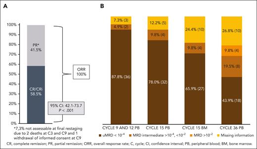 ORR, CR rate, and MRD results. (A) Clinical response at final restaging and (B) MRD response (patient numbers and percentages) at cycles 9, 12, 15, and 36, all in the PB and in BM at cycle 15.