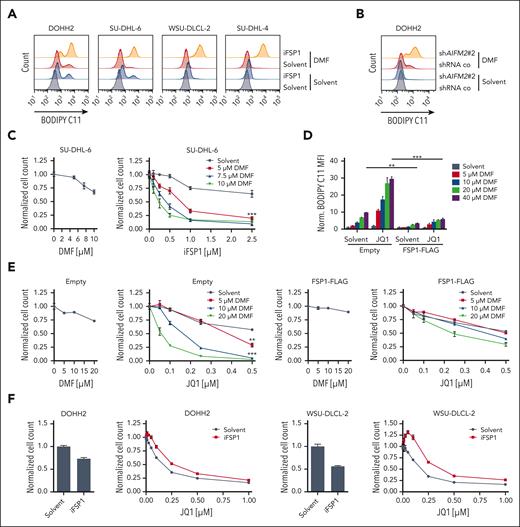 BET inhibitor-mediated reduction of FSP1 expression promotes ferroptosis. (A) The indicated GCB-DLBCL cell lines were treated with solvent, iFSP1, DMF, or with a combination of the compounds for 2 hours. Lipid peroxidation was quantified by flow cytometry. (B) DMF-induced lipid peroxidation was analyzed in control or AIFM2-silenced DOHH2 cells. (C) SU-DHL-6 cells were treated with DMF alone (left panel) or in combination with iFSP1 (right panel), as indicated. After 24 hours, cell numbers were determined, and the combination treatments were normalized to the DMF single treatment. The combination index (CI) for treatment with 7.5 μM DMF and 2.5 μM iFSP1 was 0.38. (D) Lipid peroxidation was quantified by flow cytometry in control or FSP1-FLAG overexpressing DOHH2 cells after combination treatment with JQ1 and DMF. The MFI of oxidized BODIPY C11 in treated cells was normalized to the MFI of the solvent control. (E) DOHH2 cells were transduced with a control or an FSP1-FLAG encoding plasmid. Cell numbers upon incubation with DMF (left panels) or DMF and JQ1 (right panels) were determined and the combinatorial treatments were normalized to the DMF single treatment. (F) DOHH2 and WSU-DLCL-2 cells were treated with iFSP1 alone or in combination with the indicated JQ1 concentrations. Cell survival was assessed after 48 hours. Error bars correspond to the mean ± SD. Data are representative of at least 3 (A,C-E) or 2 (B,F) independent experiments. ∗∗P < .01; ∗∗∗P < .005. MFI, mean fluorescence intensity.