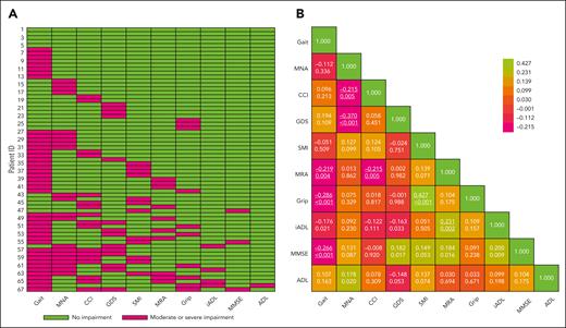Baseline GA characteristics. (A) The prevalence of moderate or severe geriatric impairments across the individual patients. Patients were sorted according to the number of impairments (ie, from 0-5 impairments), and assessments were arranged based on the prevalence of impairments in the individual domains. Moderate or severe impairments were defined as a gait speed >0.80 m/s, MNA between 8 and 11 and <7, CCI ≥ 2, GDS > 5, SMI ≤ 32.0 cm2/m2 for females and ≤ 41.6 cm2/m2 for males, MRA ≤ 22.0 HU for females and ≤ 29.3 HU for males, grip strength <16 for females and <27 kg for males, IADL <5 for females and <8 for females, MMSE < 24, and ADL < 5. (B) Correlation between the individual domains of the GA. The numbers in the cells denote the Spearman rank correlation coefficient (Spearman correlation coefficient ρ) (top) and the corresponding P values (bottom). The color implies the direction and strength of the correlations. A positive ρ describes a positive correlation, whereas a negative ρ describes an inverse correlation. The effect size of the Spearman rank correlation coefficient can be verbally described using the following guide for the ρ: from 0.00 to 0.10, very weak; from 0.20 to 0.39, weak; from 0.40 to 0.59, moderate; from 0.60 to 0.79, strong; and from 0.80 to 1.00, very strong. Significant P values < .005 are underlined. ADL, Katz Activity of Daily Living; CCI, Charlson Comorbidity Index; GDS, Geriatric Depression Scale 15; MNA, Mini Nutritional Assessment; MMSE, Mini Mental State Examination; MRA, muscle radiation attenuation; SMI, skeletal muscle index.