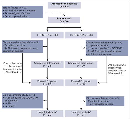Patient disposition. Notably, also some patients with PD at EoT have entered the FU period. ∗All the patients randomized were included in efficacy analysis (FAS) and safety analysis. †Discontinuations of other study components not shown. ‡Completed study: all FU visits completed. §PD and participation in another clinical trial. AE, adverse event; COVID-19, coronavirus disease 2019; FU, follow-up; PD, progressive disease.