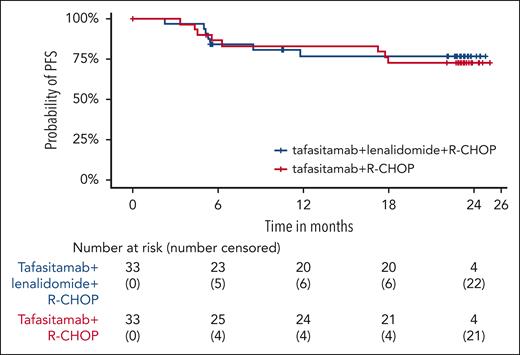 Probability of PFS in arm T and arm T/L at 24 months.
