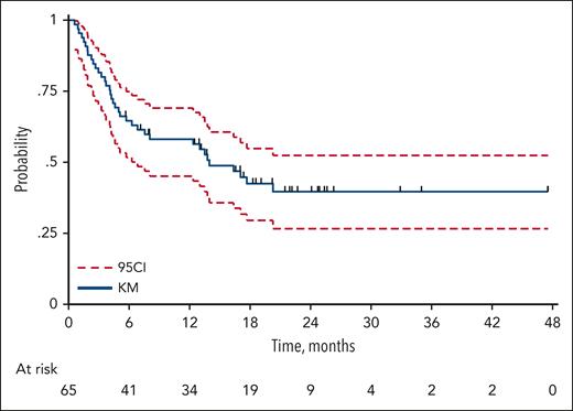 PFS. Total of 36 events (progressions n = 23; deaths from any cause n = 23); 2-year PFS 39.6% (95% CI, 26.6-52.4), median PFS 14.0 months (95% CI, from 6.8 to not reached). The blue solid line represents the PFS probability according to the Kaplan-Meier (KM) method and the red dashed line the 95% confidence interval (95CI).