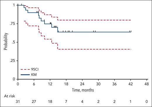Duration of response (DoR). Thirty-one of the 33 patients eligible for maintenance started maintenance after induction. A total of 9 events (progressions, n = 8; deaths from any cause, n = 1); 2-year DoR, 63.8% (95% CI, 40.6-79.9), median not reached. The blue solid line represents the DoR probability according to the Kaplan-Meier (KM) method and the red dashed line the 95% confidence interval (95CI).