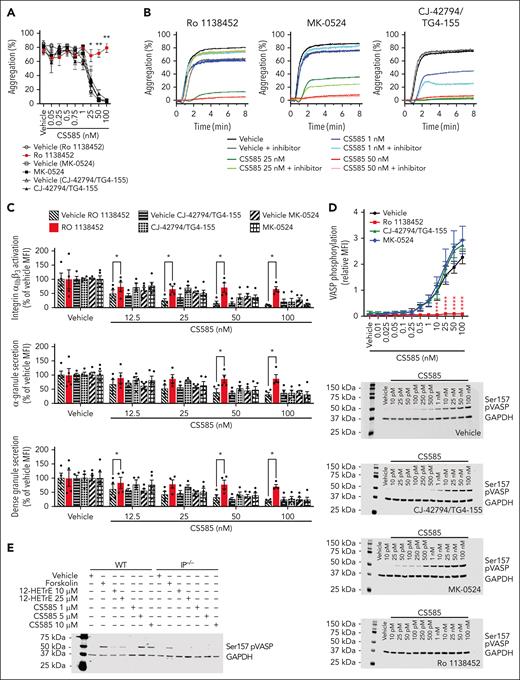 CS585 is selective to activation of the IP receptor. (A) Aggregation of washed human platelets treated with vehicle or an IP receptor inhibitor (Ro 1138542, 5 μM), DP1 receptor inhibitor (MK-0542, 4 nM), or EP2 and EP4 receptor inhibitors (TG4-155, 2 μM and CJ-42794, 80 nM, respectively) before treatment with vehicle or CS585 (0.05-100 nM) stimulated with collagen (0.5 μg/mL; n = 4-5). Data represent mean ± SEM. Two-factor mixed-effects analysis with Tukey multiple comparisons test. Each condition is compared with its corresponding vehicle. (B) Representative aggregation curves for panel A. (C) Activation of integrin αIIbβ3, α-granule, and dense granule secretion of washed human platelets treated with the vehicle or an IP receptor inhibitor (Ro 1138542, 5 μM), DP1 receptor inhibitor (MK-0542, 4 nM), or EP2 and EP4 receptor inhibitors (TG4-155, 2 μM and CJ-42794, 80 nM) before treatment with the vehicle or CS585 (12.5-100 nM), stimulated with convulxin (25 ng/mL) (n = 4-5). The results are expressed as the relative mean (percentage of vehicle MFI) ± SEM. Two-factor mixed-effects analysis with Sidak multiple comparisons. Each condition is compared with the corresponding vehicle. (D) Expression of Ser157 pVASP (50 kDa) and GAPDH (37 kDa) in washed human platelets treated with vehicle or an IP receptor inhibitor (Ro 1138542, 5 μM), DP1 receptor inhibitor (MK-0542, 4 nM), or EP2 and EP4 receptor inhibitors (TG4-155, 2 μM and CJ-42794, 80 nM, respectively) before treatment with vehicle or CS585 (10 pM-100 nM; n = 4). Data represent mean ± SEM. Two-way ANOVA with Dunnett correction. Asterisks denote statistical differences between vehicle and treated groups. (E) Expression of Ser157 pVASP (50 kDa) and GAPDH (37 kDa) in washed platelets from WT and IP receptor-deficient (IP−/−) mice treated with vehicle, CS585 (1, 5, or 10 μM), 12-HETrE (10 or 25 μM), or forskolin (5 μM; n = 3; 2 mice pooled per n). ∗P < .05; ∗∗P < .01; ∗∗∗∗P < .0001.
