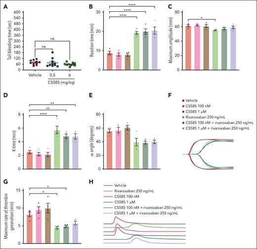CS585 does not alter hemostasis. (A) WT mice were treated with vehicle or CS585 (0.5 or 6 mg/kg), and bleeding time of the tail was assessed (n = 10). Data represent mean ± SEM. One-way ANOVA with Dunnett correction. (B-E) Human whole blood was treated with the vehicle, CS585 (100 nM or 1 μM), rivaroxaban (250 ng/mL), or CS585 (100 nM or 1 μM) + rivaroxaban (250 ng/mL). Coagulation parameters were assessed using TEG (n = 4). (B) Reaction time is the time to initial fibrin thread formation (minutes). (C) Maximum amplitude and the maximum strength of the clot (mm). (D) K time represents the time until the clot reaches a strength of 20 mm (minutes). (E) α angle, rate of clot formation (degree). One-way ANOVA with Dunnett correction. (F) Representative tracing of the coagulation parameters measured in panels B-E. (G) The maximum rate of thrombin generation was measured by TEG using a velocity curve that graphs the clot strength over time (n = 4). One-way ANOVA with Dunnett correction. (H) Representative tracing of the velocity curve used to calculate the rate of thrombin generation. ∗P < .05; ∗∗P < .01; ∗∗∗P < .001; ∗∗∗∗P < .0001. ns, nonsignificant.