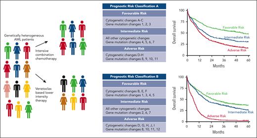 Frontline treatment of a genetically heterogeneous group of patients newly diagnosed with AML who received either intensive combination chemotherapy or venetoclax-based lower-intensity therapy. Treatment- and patient-specific factors will determine the prognostic biomarkers that may differ between treatment groups (middle panel), which produce survival curves relevant to each treatment group.