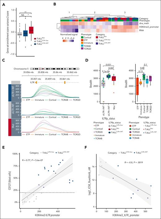 Expressers highly sensitive to ruxolitinib are characterized by broad H3K4me3 domains on the IL-7R promoter. (A) Gene set variation analysis between T-ALLIL7R-/low (n = 26), T-ALLIL7R+/WT (n = 28), and T-ALLMut (n = 42) using a custom IL-7R pathway gene set of 36 genes selected from reactome (REACTOME_INTERLEUKIN_7_SIGNALING) and biocarta (BIOCARTA_IL7_PATHWAY) databases. Box plots show lower, median, and upper quartiles. Whiskers mark the 10th and 90th percentiles. Dots represent outliers. Kruskal-Wallis test with post hoc Dunn multiple comparisons test. ∗P < .05; ∗∗P < .01. (B) IL-7R was evaluated using a multiomic approach combining EPIC-array, CHIP-seq, and bulk RNA-seq on 10 T-ALLIL7R−/low, 9 T-ALLIL7R+/WT, and 7 T-ALLMut. The heatmap shows the level of CpG-DNA methylation (dna_meth) and H3K4me3 breadth (H3K4me3_promoter) on IL-7R promoter/transcription starting site as well as the IL-7R transcript level for each sample. Samples are classified by k-means (k = 3), then hierarchical clustering. For each metric, values were centered and reduced. (C) H3K4me3 tracks on IL7R promoter for 15 T-ALLIL7R+/WT, 8 T-ALLMut, and 15 T-ALLIL7R−/low. (D) Box plots showing the breadth (bp) of H3K4me3 peaks on IL-7R transcription starting site for the same T-ALL as in panel C, based on the 3 categories defined in this article (left) or their phenotype (right). Mann-Whitney test. The P-value is indicated for each comparison. (E) Correlation between sIL-7R expression (percentage of CD127+ blasts) and H3K4me3 peak quantile–normalized coverage signal on the IL-7R promoter. The dashed line indicates the threshold for CD127 positivity (20%). Correlation curve and 95% confidence interval are shown. Pearson correlation test. (F) Inverse correlation between ruxolitinib sensitivity (log2 IC50) and H3K4me3 peak signal on the IL-7R promoter. Correlation curve and 95% confidence interval are shown. Pearson correlation test.
