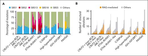Mutation signature of DS-ALL. (A) SNV mutation signature of DS-ALL subtypes. (B) Number of RAG-mediated structural alterations identified in DS-ALL subtypes.