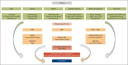 Criteria we use to determine whether a patient is a candidate for transplantation. MTD, maximal tolerated dose; ruxo, ruxolitinib; SMF, secondary MF (post-PV and –ET MF).