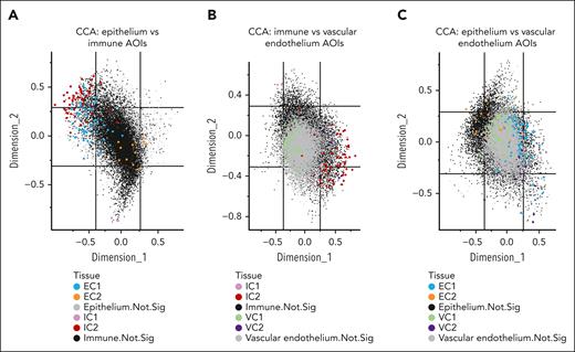 Spatial transcriptional correlation analysis between immune, epithelial, and endothelial compartments in aGVHD of colon. Canonical correlation analyses (CCAs) were performed to visualize genes that correlate together across the different compartments of (A) epithelium and immune AOIs; (B) immune and vascular endothelium AOIs; and (C) epithelium and vascular endothelium AOIs. The axes (termed canonical components or canonical covariates) were constructed to maximize the correlation between gene counts in immune and epithelial AOIs in the same ROI. On this CCA plot, each dot represents a gene. Each gene’s coordinate is determined by its correlation with the first (x-axis) and second (y-axis) canonical components. The correlation between 2 genes is positive if the angle between them is sharp (acute) and negative if the angle is obtuse.