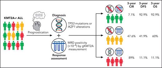 Prognostication model for KMT2A-rearranged (KMT2A-r) acute lymphoblastic leukemia (ALL). CIR, cumulative incidence of relapse; DFS, disease-free survival; gKMT2A, genomic fusion assay for KMT2A; MRD, measurable residual disease; OS, overall survival. Professional illustration by Patrick Lane, ScEYEnce Studios.